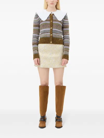 Ganni Womens Gold Silver Metallic Logo-waistband Recycled Polyester-blend Mini Skirt In Gold