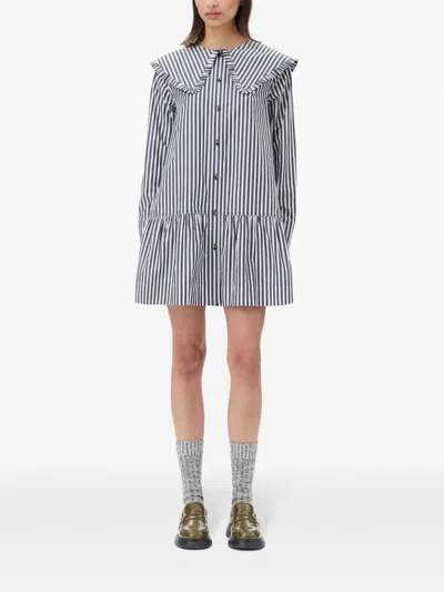 Ganni Womens Black Wide-collar Stripe Organic-cotton Mini Shirt Dress In Black