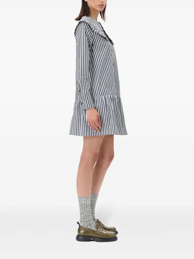 Ganni Womens Black Wide-collar Stripe Organic-cotton Mini Shirt Dress In Black