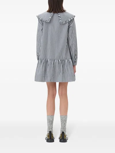Ganni Womens Black Wide-collar Stripe Organic-cotton Mini Shirt Dress In Black
