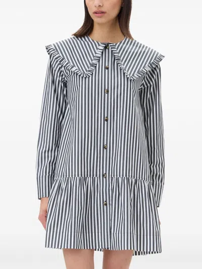 Ganni Womens Black Wide-collar Stripe Organic-cotton Mini Shirt Dress In Black