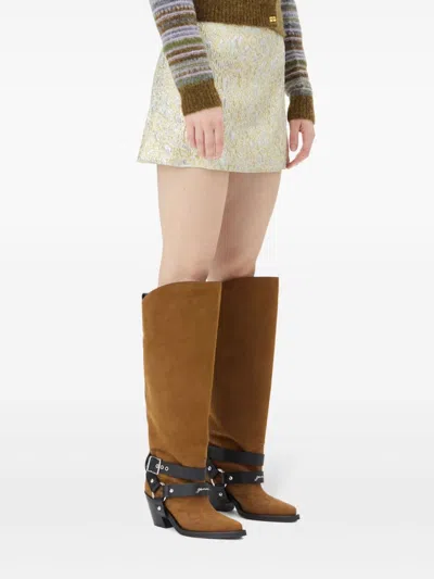 Ganni Womens Gold Silver Metallic Logo-waistband Recycled Polyester-blend Mini Skirt In Gold