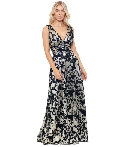 Betsy & Adam Foil Deep V-neck Sleeveless Gown In Navy,gold
