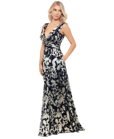 Betsy & Adam Foil Deep V-neck Sleeveless Gown In Navy,gold