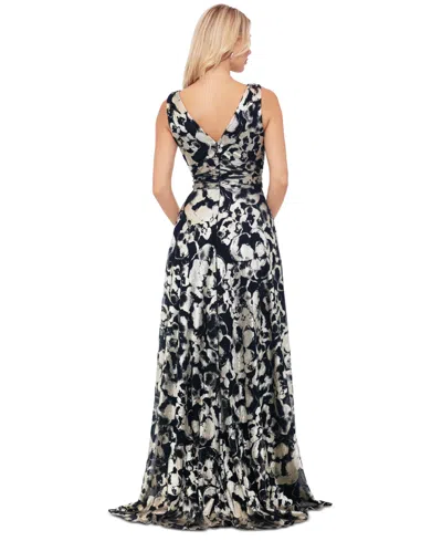 Betsy & Adam Foil Deep V-neck Sleeveless Gown In Navy,gold