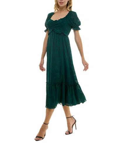 Crystal Doll Juniors' Ruffled Smocked Puff-sleeve Midi Dress In Hunter