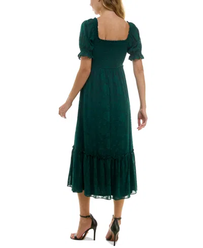 Crystal Doll Juniors' Ruffled Smocked Puff-sleeve Midi Dress In Hunter