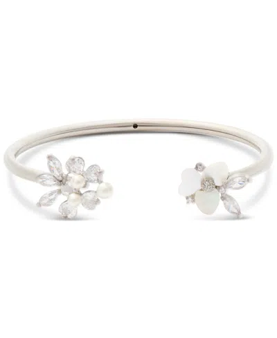 Kate Spade Silver-tone Cubic Zirconia & Imitation Pearl Flower Flex Cuff Bracelet In Cream,silv