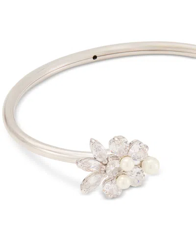 Kate Spade Silver-tone Cubic Zirconia & Imitation Pearl Flower Flex Cuff Bracelet In Cream,silv
