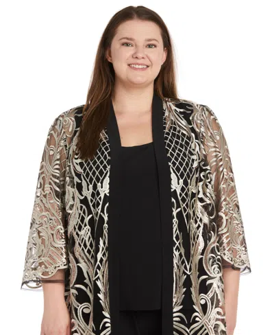 R & M Richards Plus Size Embroidered Duster Jacket, Tank And Pants 3-pc. Set In Black,gold