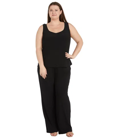 R & M Richards Plus Size Embroidered Duster Jacket, Tank And Pants 3-pc. Set In Black,gold