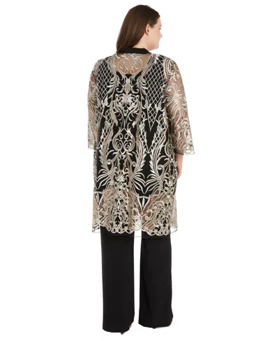 R & M Richards Plus Size Embroidered Duster Jacket, Tank And Pants 3-pc. Set In Black,gold