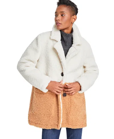 French Connection Colorblocked Teddy Coat In Ivory,sand