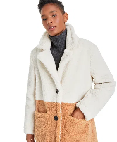 French Connection Colorblocked Teddy Coat In Ivory,sand
