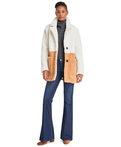 French Connection Colorblocked Teddy Coat In Ivory,sand