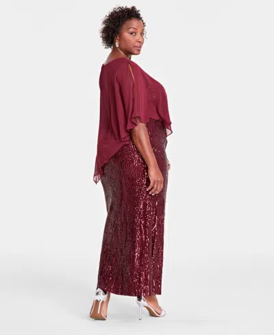 SL FASHIONS PLUS SIZE ASYMMETRICAL-CAPE SEQUIN GOWN 