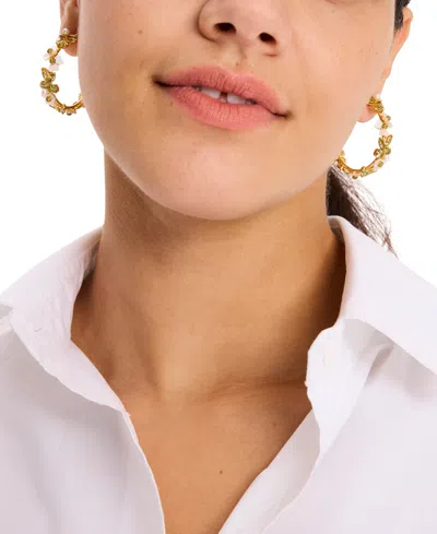Kate Spade Silver-tone Medium Cubic Zirconia, Imitation Pearl & Mother-of-pearl Flower C-hoop Earrings, 1.63" In Green.