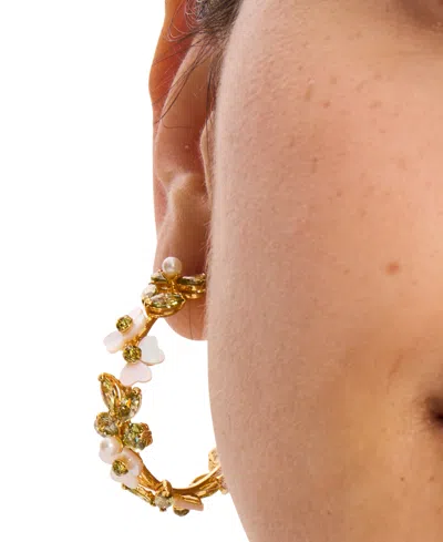 Kate Spade Silver-tone Medium Cubic Zirconia, Imitation Pearl & Mother-of-pearl Flower C-hoop Earrings, 1.63" In Green.