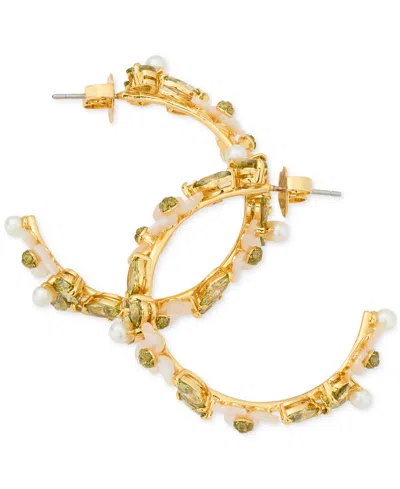 Kate Spade Silver-tone Medium Cubic Zirconia, Imitation Pearl & Mother-of-pearl Flower C-hoop Earrings, 1.63" In Green.