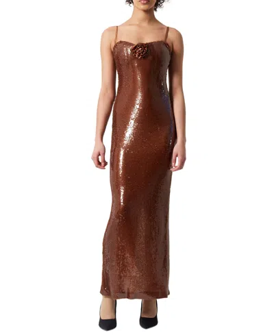 French Connection Beatrice Sequin Rosette Maxi Dress In Brown Sequin