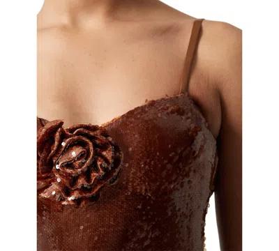French Connection Beatrice Sequin Rosette Maxi Dress In Brown Sequin