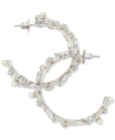 Kate Spade Silver-tone Medium Cubic Zirconia, Imitation Pearl & Mother-of-pearl Flower C-hoop Earrings, 1.63" In Cream,silv