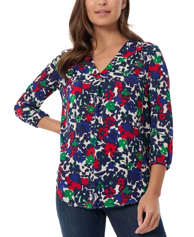 Jones New York Petite Floral Print Blouson-sleeve V-neck Blouse In Sapphire