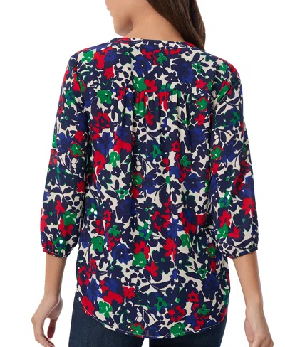Jones New York Petite Floral Print Blouson-sleeve V-neck Blouse In Sapphire