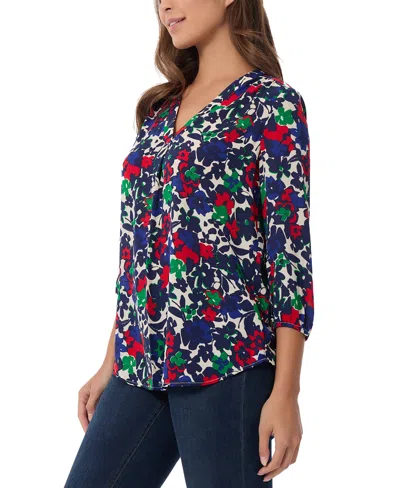 Jones New York Petite Floral Print Blouson-sleeve V-neck Blouse In Sapphire