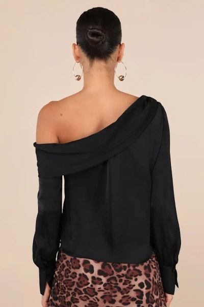 Lulus Classy Mood Black Satin One-shoulder Long Sleeve Top In Black