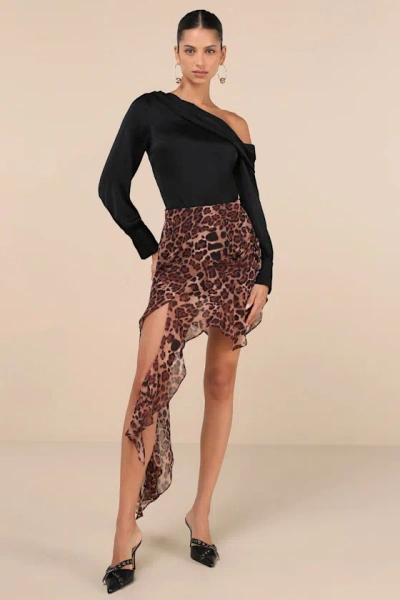 Lulus Classy Mood Black Satin One-shoulder Long Sleeve Top In Black