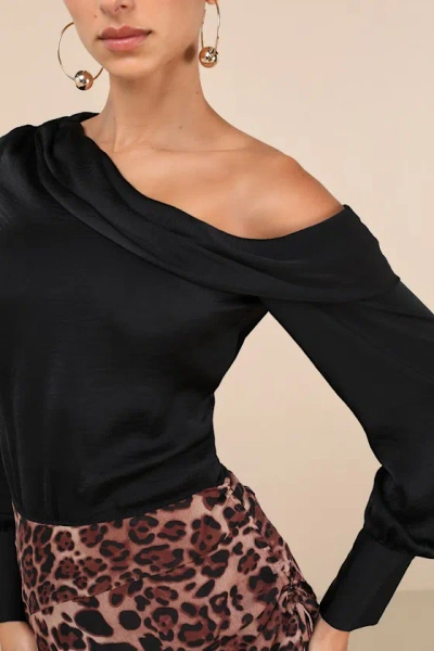 Lulus Classy Mood Black Satin One-shoulder Long Sleeve Top In Black