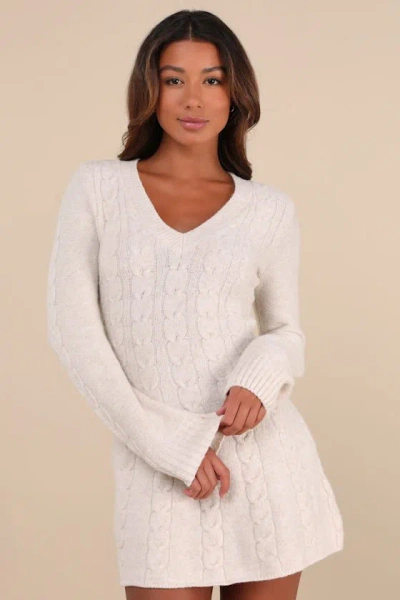 Lulus Snuggly Chic Beige Cable Knit Long Sleeve Sweater Mini Dress In Beige