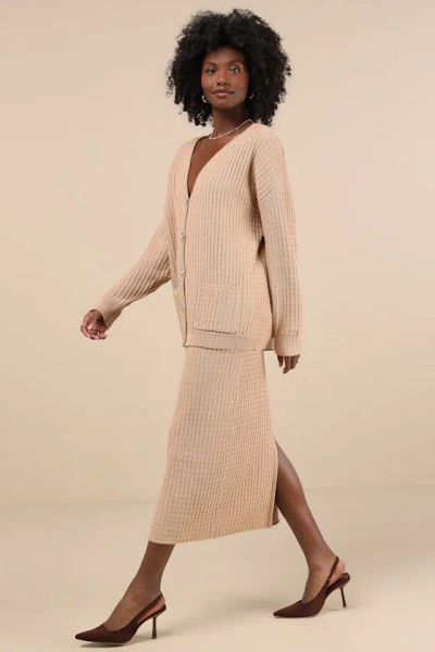 Lulus Toasty Sophistication Tan Two-piece Cardi Sweater Midi Dress In Tan