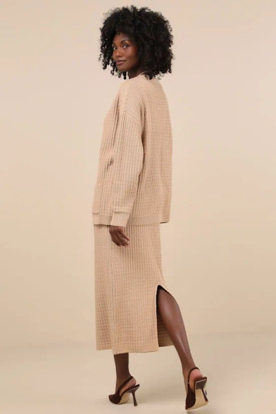 Lulus Toasty Sophistication Tan Two-piece Cardi Sweater Midi Dress In Tan