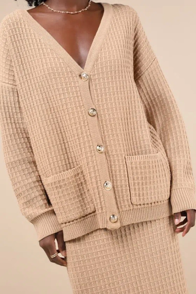 Lulus Toasty Sophistication Tan Two-piece Cardi Sweater Midi Dress In Tan