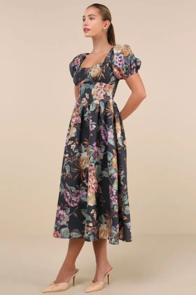 Lulus Adorable Tendencies Dark Grey Floral Puff Sleeve Midi Dress In Dark Grey