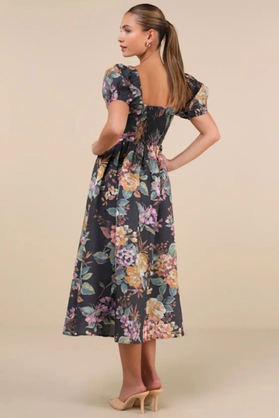 Lulus Adorable Tendencies Dark Grey Floral Puff Sleeve Midi Dress In Dark Grey