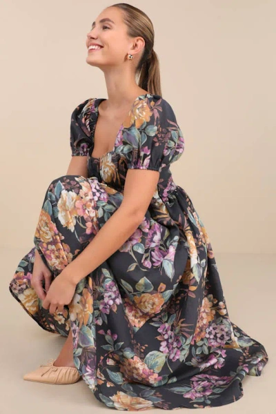 Lulus Adorable Tendencies Dark Grey Floral Puff Sleeve Midi Dress In Dark Grey
