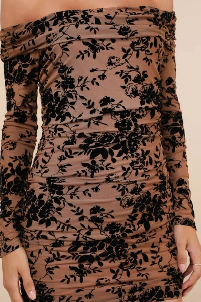 Lulus Perfect Act Tan Velvet Burnout Off-the-shoulder Mini Dress In Tan