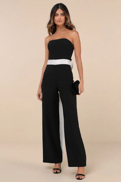 Lulus Sleek Perfection Black And White Strapless Bow Jumpsuit In Black And White