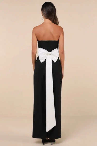 Lulus Sleek Perfection Black And White Strapless Bow Jumpsuit In Black And White