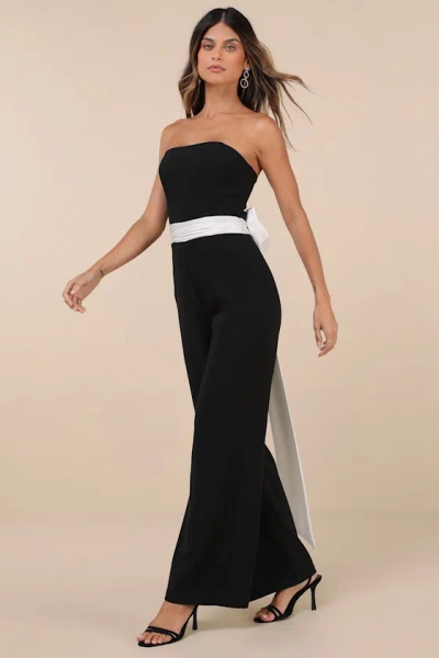 Lulus Sleek Perfection Black And White Strapless Bow Jumpsuit In Black And White