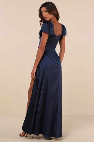 Lulus Ultimate Sweetness Navy Blue Satin Flutter Sleeve Maxi Dress In Navy Blue