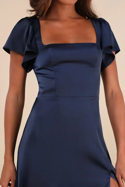 Lulus Ultimate Sweetness Navy Blue Satin Flutter Sleeve Maxi Dress In Navy Blue