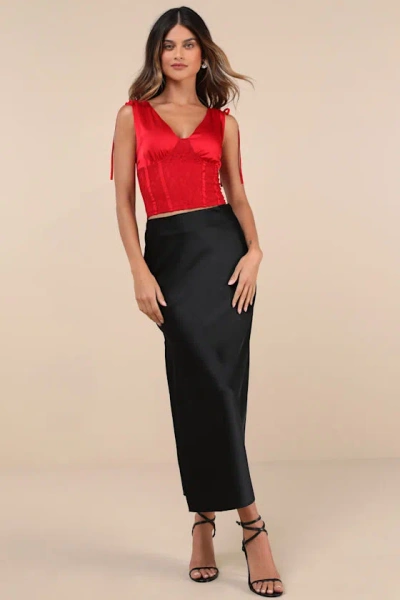 Lulus Dreamily Sultry Red Satin Lace Bustier Lace-up Tank Top In Red