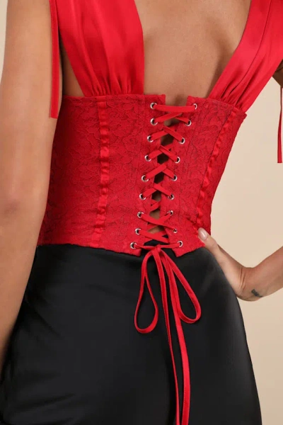 Lulus Dreamily Sultry Red Satin Lace Bustier Lace-up Tank Top In Red