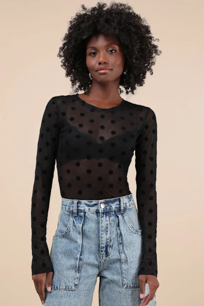 Nia Fox Black Sheer Mesh Polka Dot Long Sleeve Top In Black