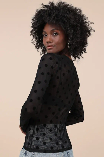 Nia Fox Black Sheer Mesh Polka Dot Long Sleeve Top In Black