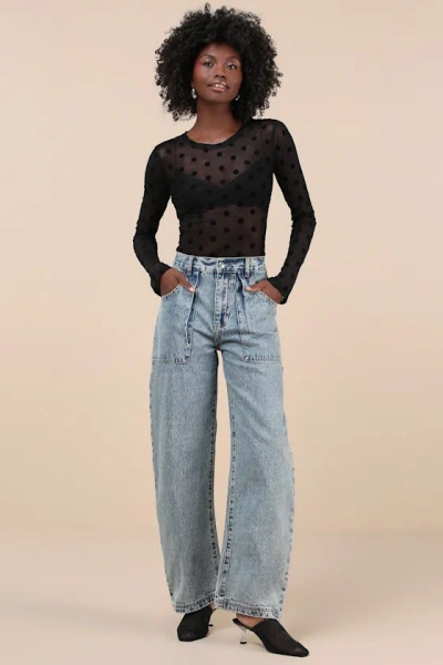 Nia Fox Black Sheer Mesh Polka Dot Long Sleeve Top In Black
